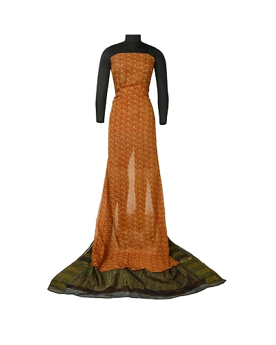 Sanskriti Vintage Sarees Mustard-Black Pure Chiffon Printed Zari Sari 5Yd Fabric, PRG-12820-Mustard Yellos &amp; Black-Printed Floral Design-Pure Chiffon Silk-3