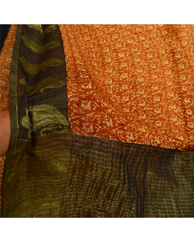 Sanskriti Vintage Sarees Mustard-Black Pure Chiffon Printed Zari Sari 5Yd Fabric, PRG-12820-Mustard Yellos &amp; Black-Printed Floral Design-Pure Chiffon Silk-6