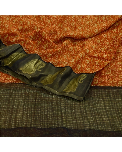 Sanskriti Vintage Sarees Mustard-Black Pure Chiffon Printed Zari Sari 5Yd Fabric, PRG-12820-Mustard Yellos &amp; Black-Printed Floral Design-Pure Chiffon Silk-10