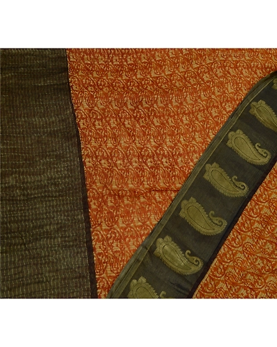 Sanskriti Vintage Sarees Mustard-Black Pure Chiffon Printed Zari Sari 5Yd Fabric, PRG-12820-Mustard Yellos &amp; Black-Printed Floral Design-Pure Chiffon Silk-12