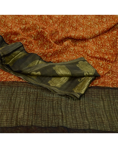 Sanskriti Vintage Sarees Mustard-Black Pure Chiffon Printed Zari Sari 5Yd Fabric, PRG-12820-Mustard Yellos &amp; Black-Printed Floral Design-Pure Chiffon Silk-13