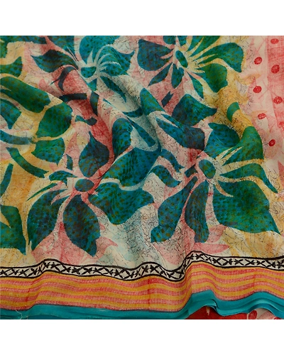 Sanskriti Vintage Sarees Ivory Pure Georgette Silk Printed Sari 5Yd Craft Fabric, PRG-12828-Ivory-Printed Floral Design-Pure Georgette Silk-5