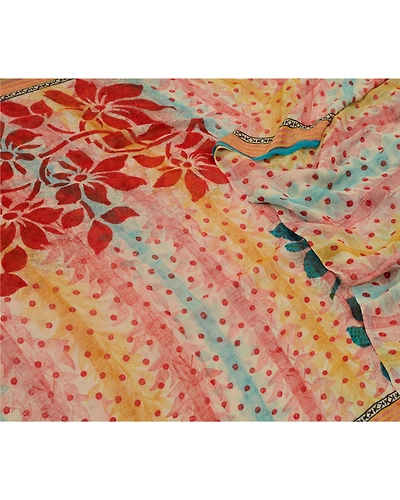 Sanskriti Vintage Sarees Ivory Pure Georgette Silk Printed Sari 5Yd Craft Fabric, PRG-12828-Ivory-Printed Floral Design-Pure Georgette Silk-12