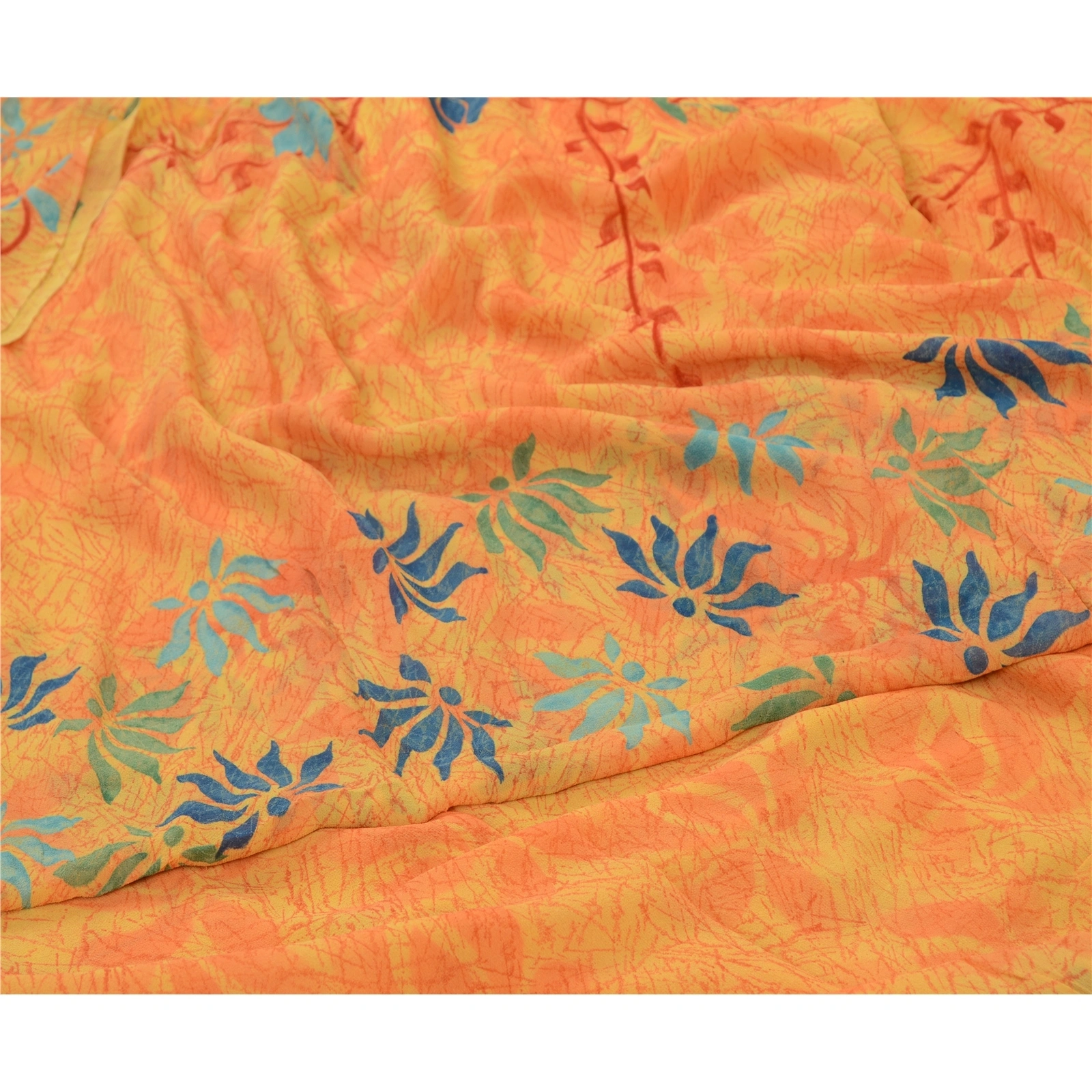 Sanskriti Vintage Sarees Yellow Pure Georgette Silk Printed Sari Craft Fabric, PRG-12829-Yellow-Printed Floral Design-Pure Georgette Silk-4