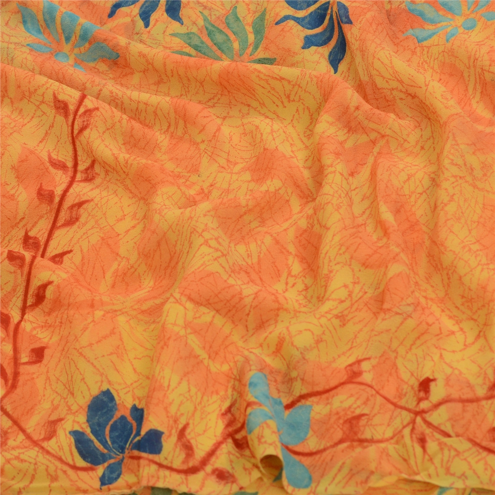 Sanskriti Vintage Sarees Yellow Pure Georgette Silk Printed Sari Craft Fabric, PRG-12829-Yellow-Printed Floral Design-Pure Georgette Silk-5