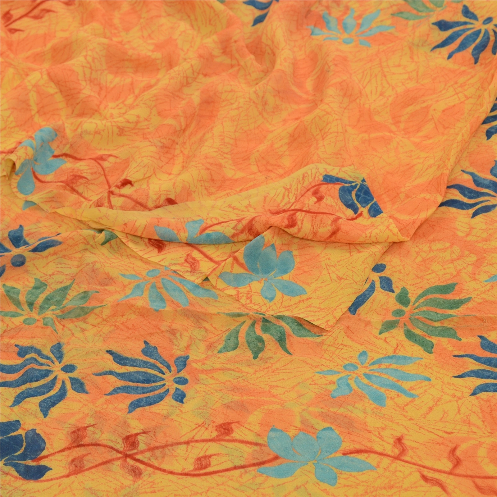 Sanskriti Vintage Sarees Yellow Pure Georgette Silk Printed Sari Craft Fabric, PRG-12829-Yellow-Printed Floral Design-Pure Georgette Silk-10