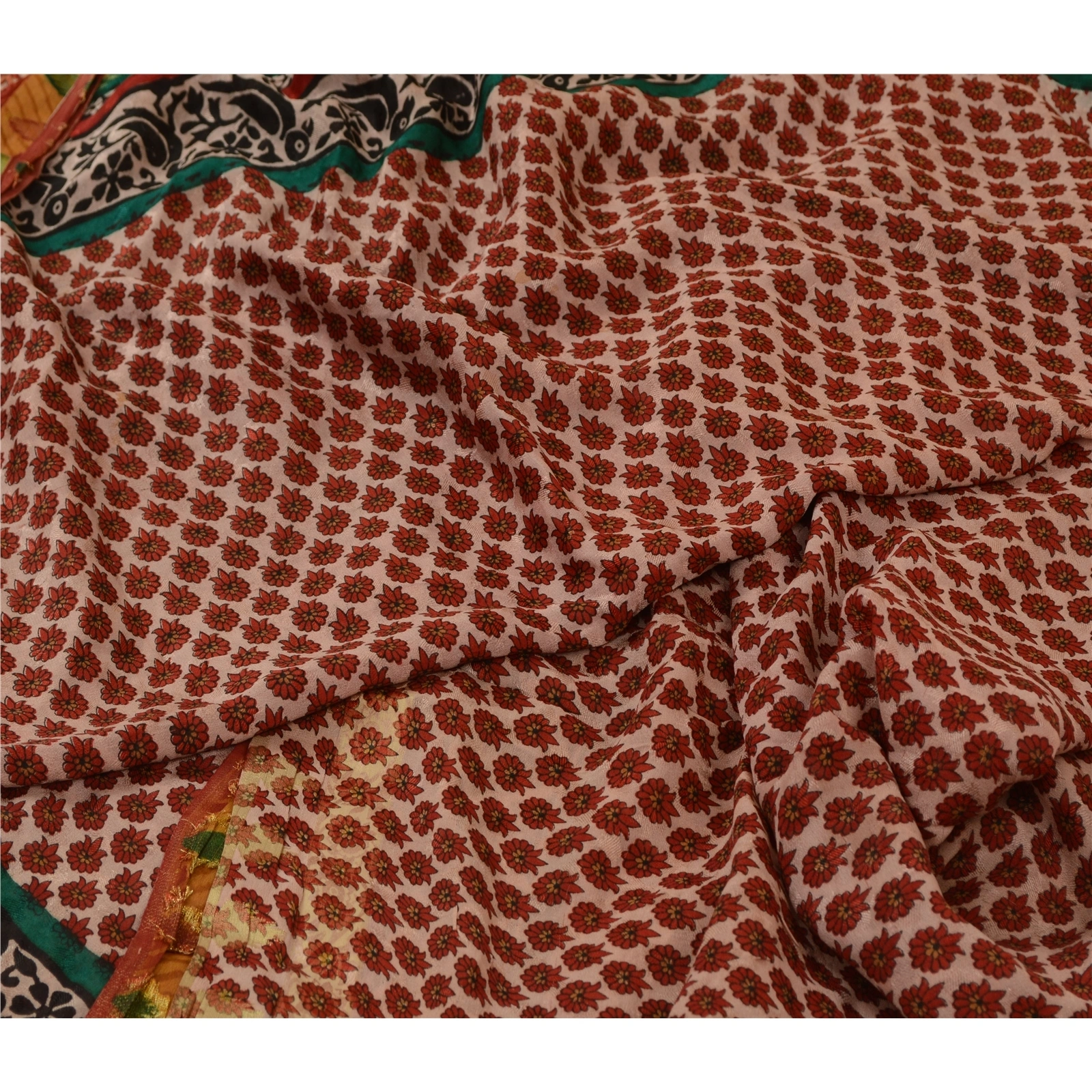 Sanskriti Vintage Sarees Red Zari Border Pure Georgette Silk Print Sari Fabric, PRG-12832-Red-Printed Floral Design-Pure Georgette Silk-12