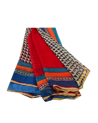 Sanskriti Vintage Sarees Red Blend Chiffon Zari Border Printed Sari Craft Fabric, PRG-12836-Red-Printed Floral Design-Blend Chiffon-2