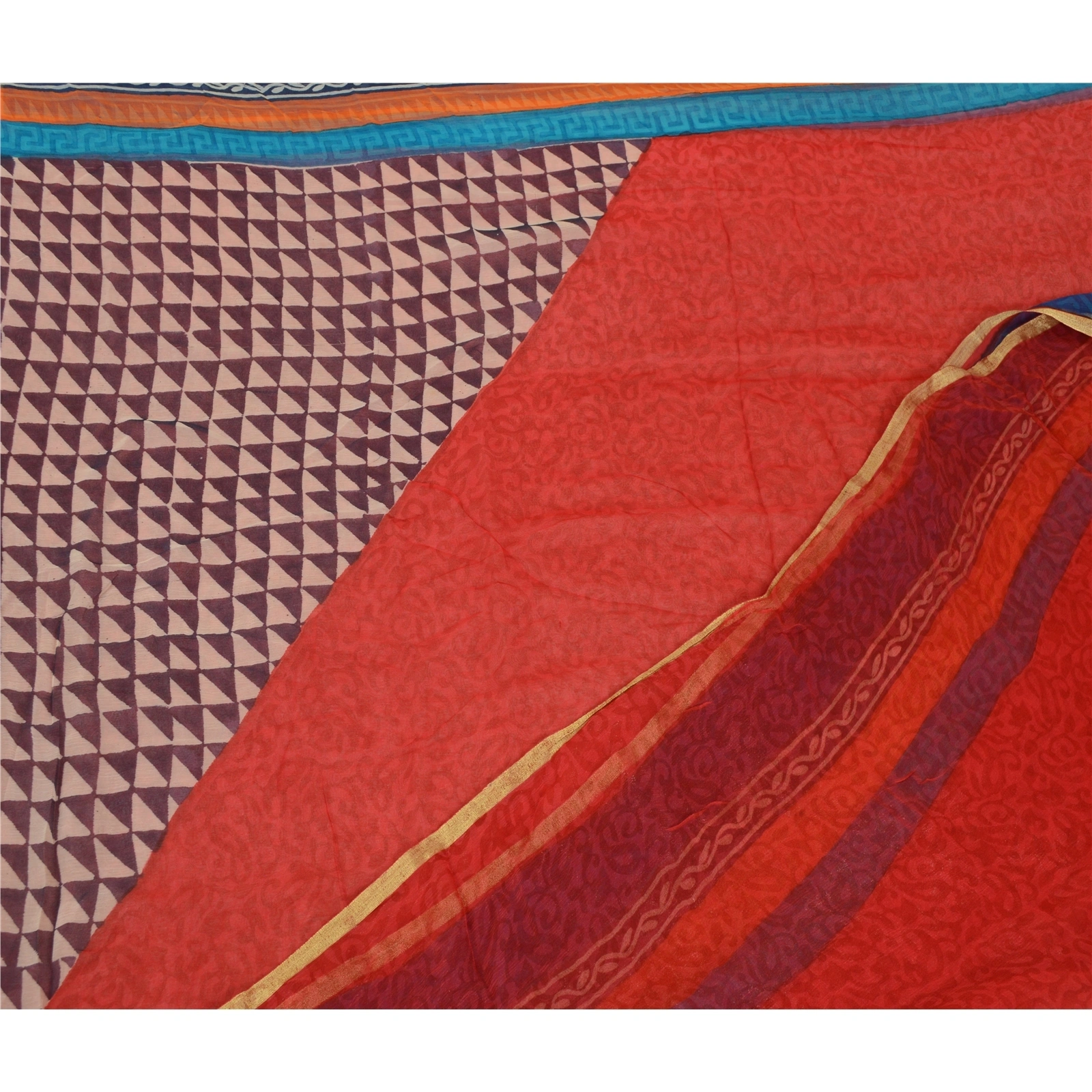 Sanskriti Vintage Sarees Red Blend Chiffon Zari Border Printed Sari Craft Fabric, PRG-12836-Red-Printed Floral Design-Blend Chiffon-12