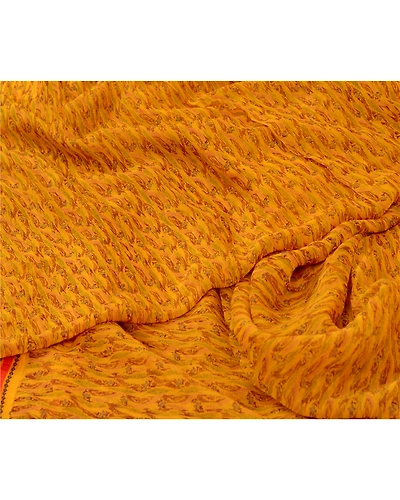 Sanskriti Vintage Sarees Yellow Pure Chiffon Silk Printed Sari 5Yd Craft Fabric, PRG-12839-Yellow-Printed Floral Design-Pure Chiffon Silk-4