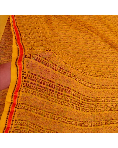 Sanskriti Vintage Sarees Yellow Pure Chiffon Silk Printed Sari 5Yd Craft Fabric, PRG-12839-Yellow-Printed Floral Design-Pure Chiffon Silk-6