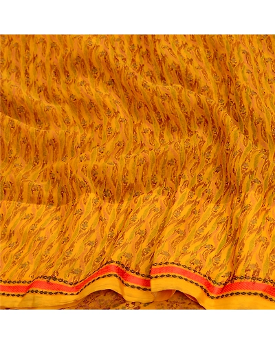 Sanskriti Vintage Sarees Yellow Pure Chiffon Silk Printed Sari 5Yd Craft Fabric, PRG-12839-Yellow-Printed Floral Design-Pure Chiffon Silk-9