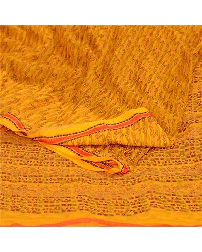 Sanskriti Vintage Sarees Yellow Pure Chiffon Silk Printed Sari 5Yd Craft Fabric, PRG-12839-Yellow-Printed Floral Design-Pure Chiffon Silk-13