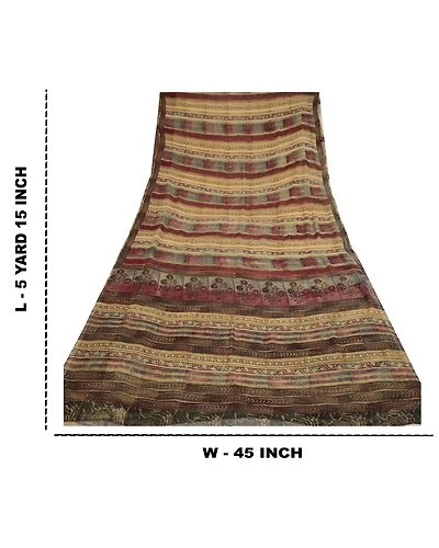 Sanskriti Vintage Sarees Purple/Cream Pure Chiffon Silk Print Sari Craft Fabric, PRG-12842-Purple &amp; Cream-Printed Floral Design-Pure Chifofn Silk-4