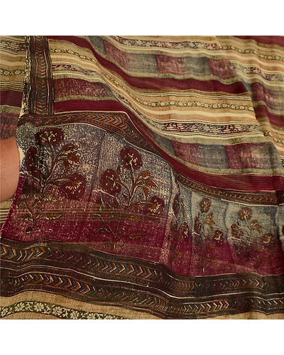 Sanskriti Vintage Sarees Purple/Cream Pure Chiffon Silk Print Sari Craft Fabric, PRG-12842-Purple &amp; Cream-Printed Floral Design-Pure Chifofn Silk-5
