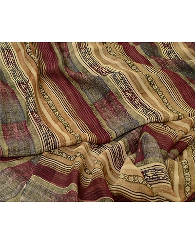 Sanskriti Vintage Sarees Purple/Cream Pure Chiffon Silk Print Sari Craft Fabric, PRG-12842-Purple &amp; Cream-Printed Floral Design-Pure Chifofn Silk-7