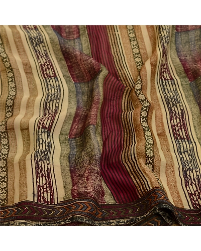 Sanskriti Vintage Sarees Purple/Cream Pure Chiffon Silk Print Sari Craft Fabric, PRG-12842-Purple &amp; Cream-Printed Floral Design-Pure Chifofn Silk-8