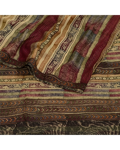 Sanskriti Vintage Sarees Purple/Cream Pure Chiffon Silk Print Sari Craft Fabric, PRG-12842-Purple &amp; Cream-Printed Floral Design-Pure Chifofn Silk-9