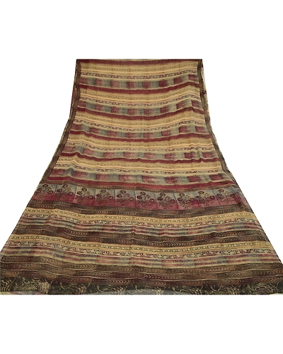 Sanskriti Vintage Sarees Purple/Cream Pure Chiffon Silk Print Sari Craft Fabric, PRG-12842-Purple &amp; Cream-Printed Floral Design-Pure Chifofn Silk-10