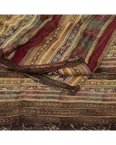 Sanskriti Vintage Sarees Purple/Cream Pure Chiffon Silk Print Sari Craft Fabric, PRG-12842-Purple &amp; Cream-Printed Floral Design-Pure Chifofn Silk-12