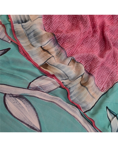 Sanskriti Vintage Pink/Blue Sarees Pure Georgette Silk Printed Sari Craft Fabric, PRG-12873-Pink &amp; Blue-Printed Floral Design-Pure Georgette Silk-1