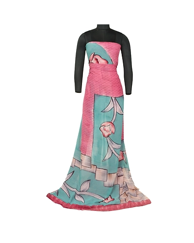 Sanskriti Vintage Pink/Blue Sarees Pure Georgette Silk Printed Sari Craft Fabric, PRG-12873-Pink &amp; Blue-Printed Floral Design-Pure Georgette Silk-3