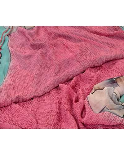 Sanskriti Vintage Pink/Blue Sarees Pure Georgette Silk Printed Sari Craft Fabric, PRG-12873-Pink &amp; Blue-Printed Floral Design-Pure Georgette Silk-4