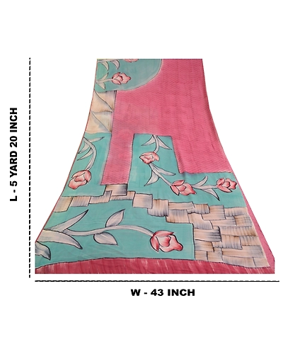 Sanskriti Vintage Pink/Blue Sarees Pure Georgette Silk Printed Sari Craft Fabric, PRG-12873-Pink &amp; Blue-Printed Floral Design-Pure Georgette Silk-5