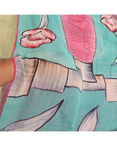 Sanskriti Vintage Pink/Blue Sarees Pure Georgette Silk Printed Sari Craft Fabric, PRG-12873-Pink &amp; Blue-Printed Floral Design-Pure Georgette Silk-6