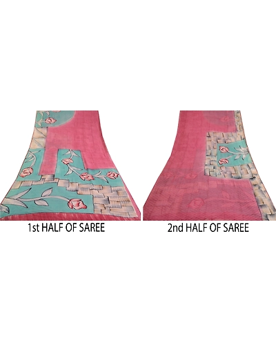 Sanskriti Vintage Pink/Blue Sarees Pure Georgette Silk Printed Sari Craft Fabric, PRG-12873-Pink &amp; Blue-Printed Floral Design-Pure Georgette Silk-7