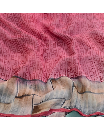 Sanskriti Vintage Pink/Blue Sarees Pure Georgette Silk Printed Sari Craft Fabric, PRG-12873-Pink &amp; Blue-Printed Floral Design-Pure Georgette Silk-9