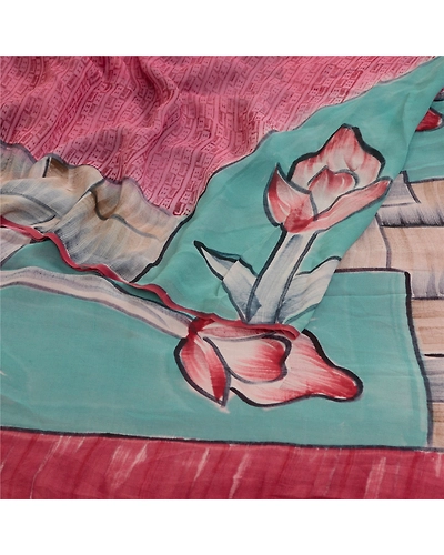 Sanskriti Vintage Pink/Blue Sarees Pure Georgette Silk Printed Sari Craft Fabric, PRG-12873-Pink &amp; Blue-Printed Floral Design-Pure Georgette Silk-10