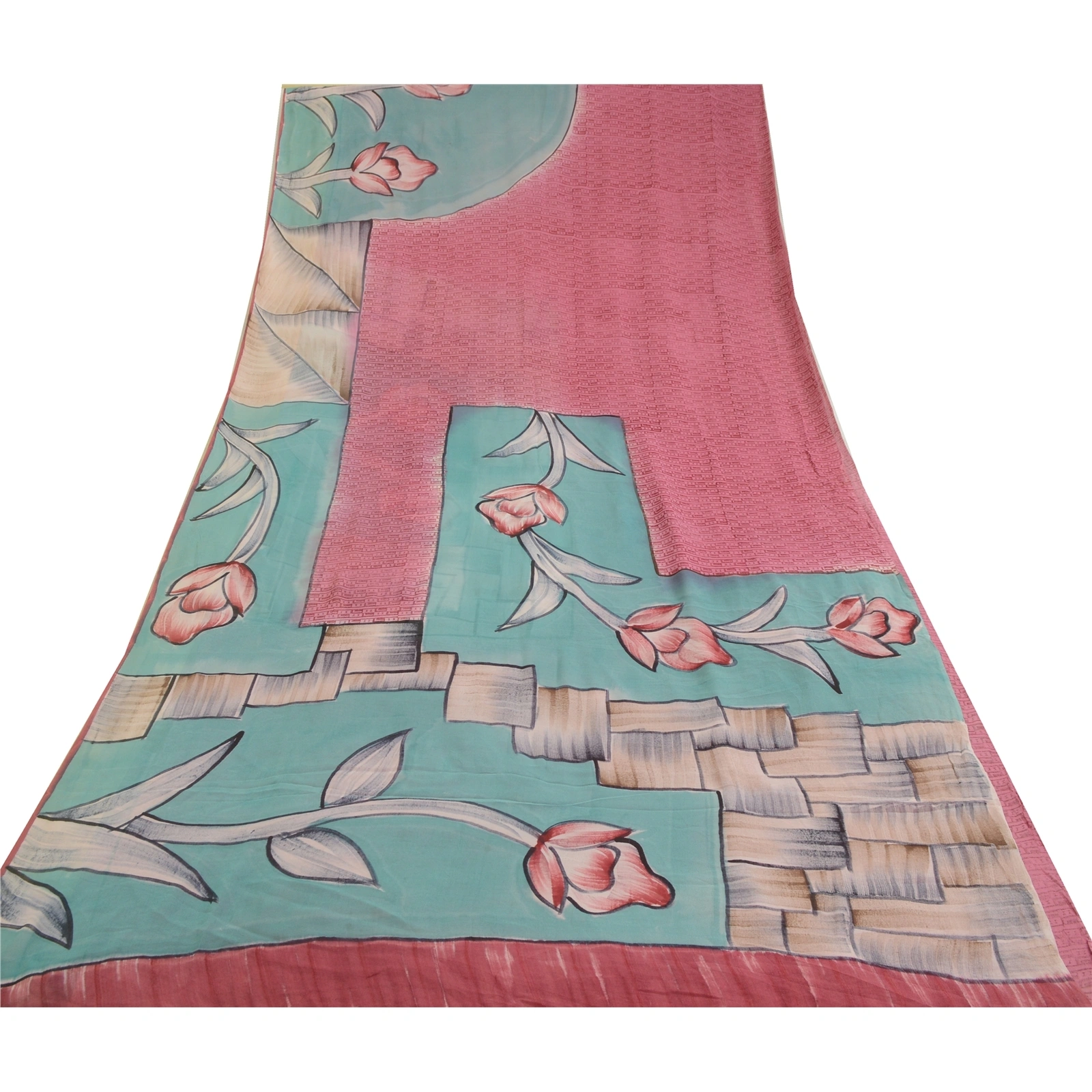 Sanskriti Vintage Pink/Blue Sarees Pure Georgette Silk Printed Sari Craft Fabric, PRG-12873-Pink &amp; Blue-Printed Floral Design-Pure Georgette Silk-11