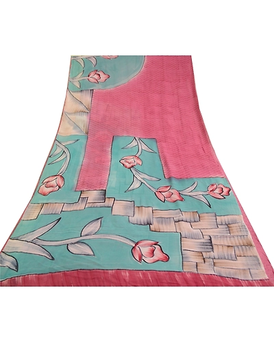 Sanskriti Vintage Pink/Blue Sarees Pure Georgette Silk Printed Sari Craft Fabric, PRG-12873-Pink &amp; Blue-Printed Floral Design-Pure Georgette Silk-11