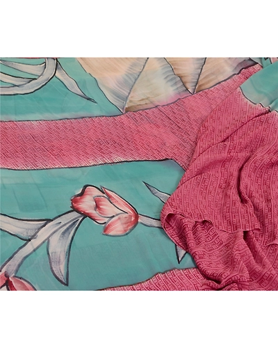 Sanskriti Vintage Pink/Blue Sarees Pure Georgette Silk Printed Sari Craft Fabric, PRG-12873-Pink &amp; Blue-Printed Floral Design-Pure Georgette Silk-12