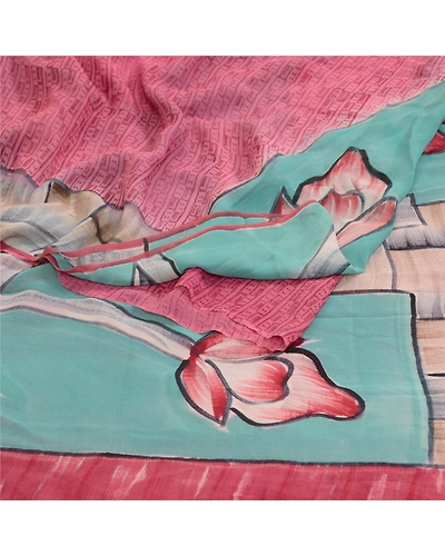 Sanskriti Vintage Pink/Blue Sarees Pure Georgette Silk Printed Sari Craft Fabric, PRG-12873-Pink &amp; Blue-Printed Floral Design-Pure Georgette Silk-13