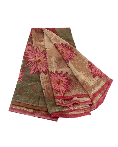 Sanskriti Vintage Brown/Green Sarees Pure Georgette Silk Print Sari Craft Fabric, PRG-12876-Brown &amp; Green-Printed Floral Design-Pure Georgette Silk-2