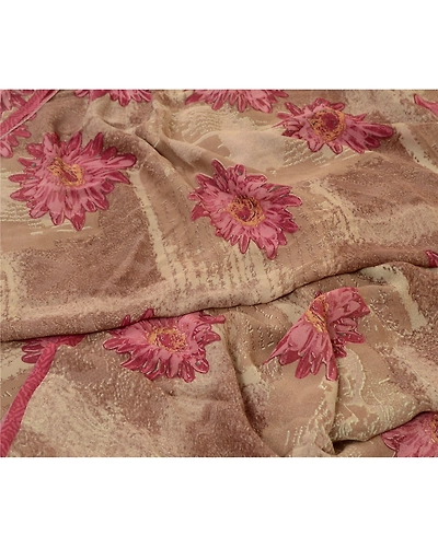 Sanskriti Vintage Brown/Green Sarees Pure Georgette Silk Print Sari Craft Fabric, PRG-12876-Brown &amp; Green-Printed Floral Design-Pure Georgette Silk-3