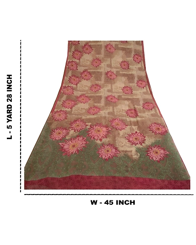 Sanskriti Vintage Brown/Green Sarees Pure Georgette Silk Print Sari Craft Fabric, PRG-12876-Brown &amp; Green-Printed Floral Design-Pure Georgette Silk-4
