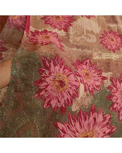 Sanskriti Vintage Brown/Green Sarees Pure Georgette Silk Print Sari Craft Fabric, PRG-12876-Brown &amp; Green-Printed Floral Design-Pure Georgette Silk-5