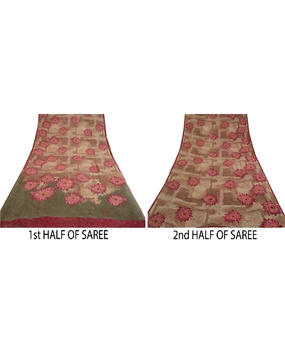 Sanskriti Vintage Brown/Green Sarees Pure Georgette Silk Print Sari Craft Fabric, PRG-12876-Brown &amp; Green-Printed Floral Design-Pure Georgette Silk-6