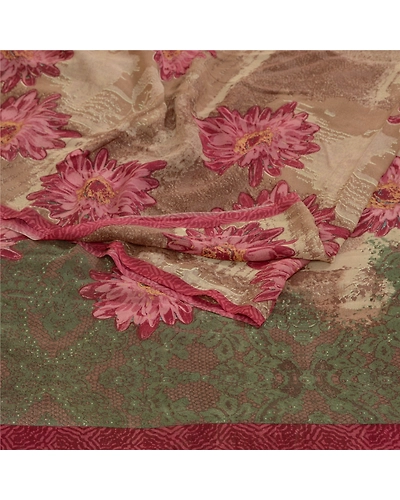 Sanskriti Vintage Brown/Green Sarees Pure Georgette Silk Print Sari Craft Fabric, PRG-12876-Brown &amp; Green-Printed Floral Design-Pure Georgette Silk-12