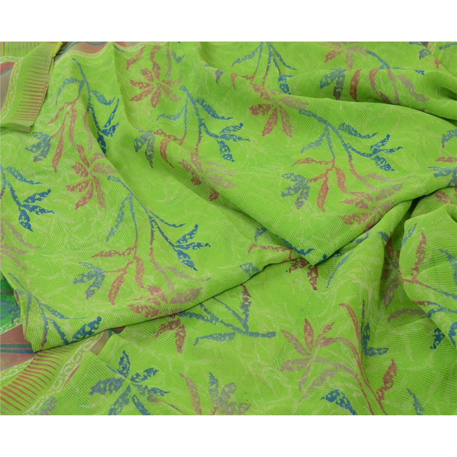 Sanskriti Vintage Green Sarees Pure Georgette Silk Printed Sari Craft Fabric, PRG-12877-Green-Printed Floral Design-Pure Georgette Silk-3