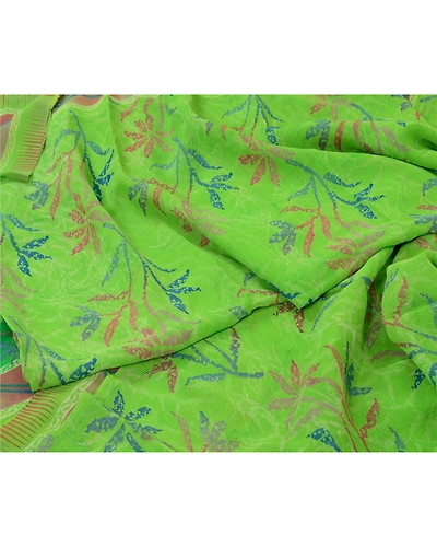 Sanskriti Vintage Green Sarees Pure Georgette Silk Printed Sari Craft Fabric, PRG-12877-Green-Printed Floral Design-Pure Georgette Silk-3