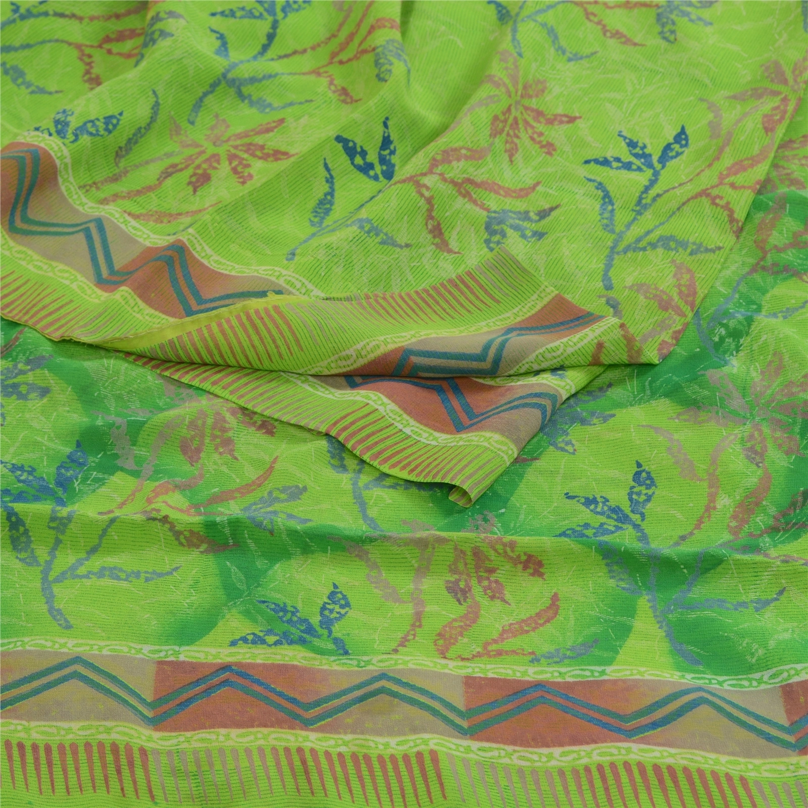 Sanskriti Vintage Green Sarees Pure Georgette Silk Printed Sari Craft Fabric, PRG-12877-Green-Printed Floral Design-Pure Georgette Silk-12