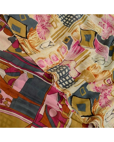 Sanskriti Vintage Cream Sarees Georgette Kalamkari Printed Sari Craft Fabric, PRG-12884-Cream-Printed Floral Design-Georgette-1