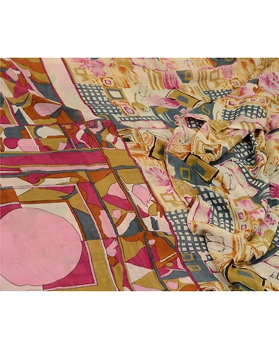 Sanskriti Vintage Cream Sarees Georgette Kalamkari Printed Sari Craft Fabric, PRG-12884-Cream-Printed Floral Design-Georgette-3
