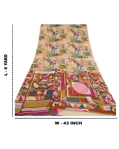 Sanskriti Vintage Cream Sarees Georgette Kalamkari Printed Sari Craft Fabric, PRG-12884-Cream-Printed Floral Design-Georgette-4