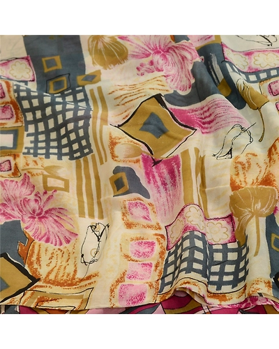 Sanskriti Vintage Cream Sarees Georgette Kalamkari Printed Sari Craft Fabric, PRG-12884-Cream-Printed Floral Design-Georgette-8