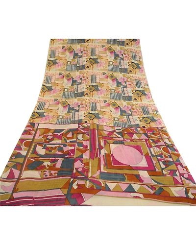 Sanskriti Vintage Cream Sarees Georgette Kalamkari Printed Sari Craft Fabric, PRG-12884-Cream-Printed Floral Design-Georgette-10